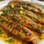 Merluza cozida acompanhada de alcaparras e salsa.
