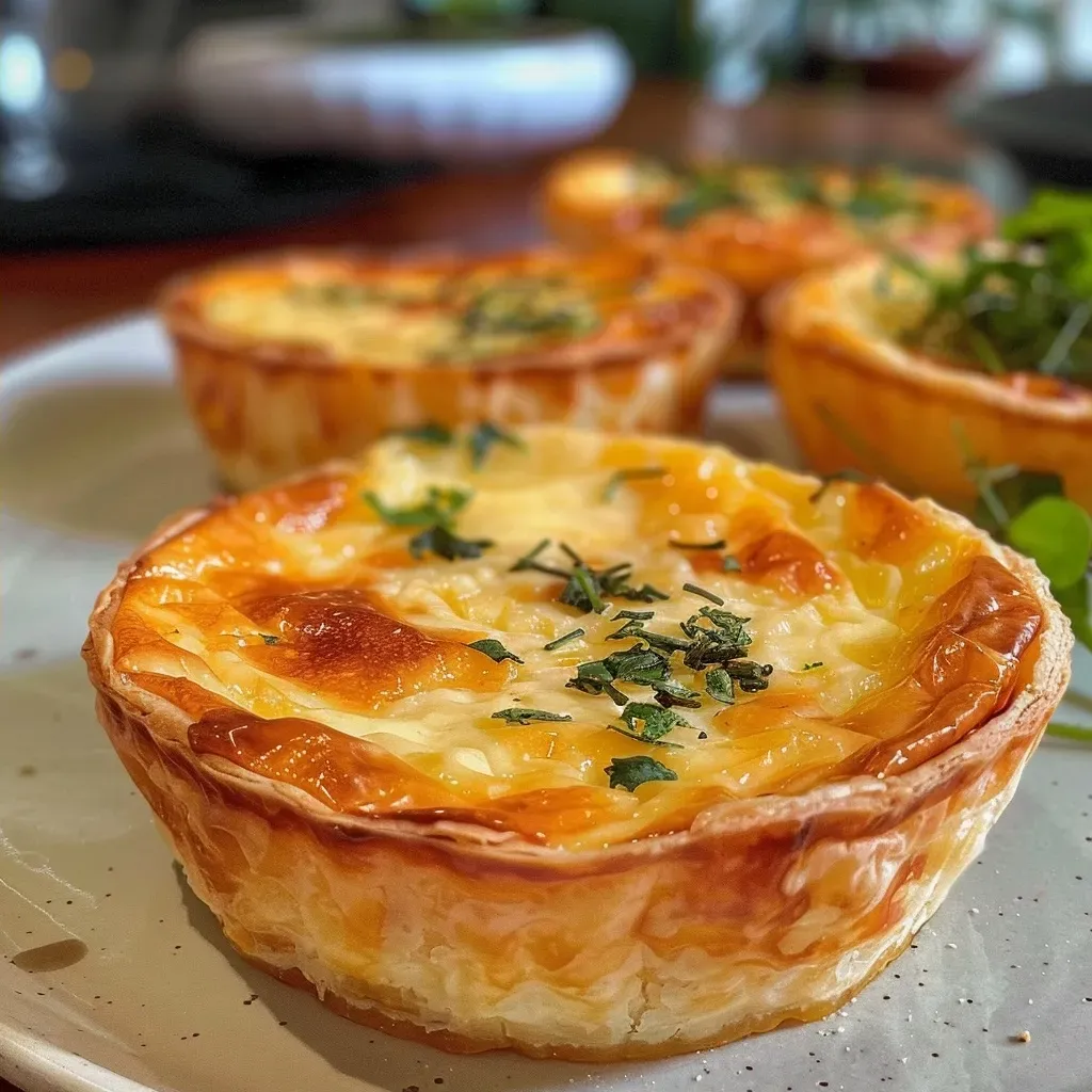 Close de mini quiche elaborada com alho-poró e queijos.