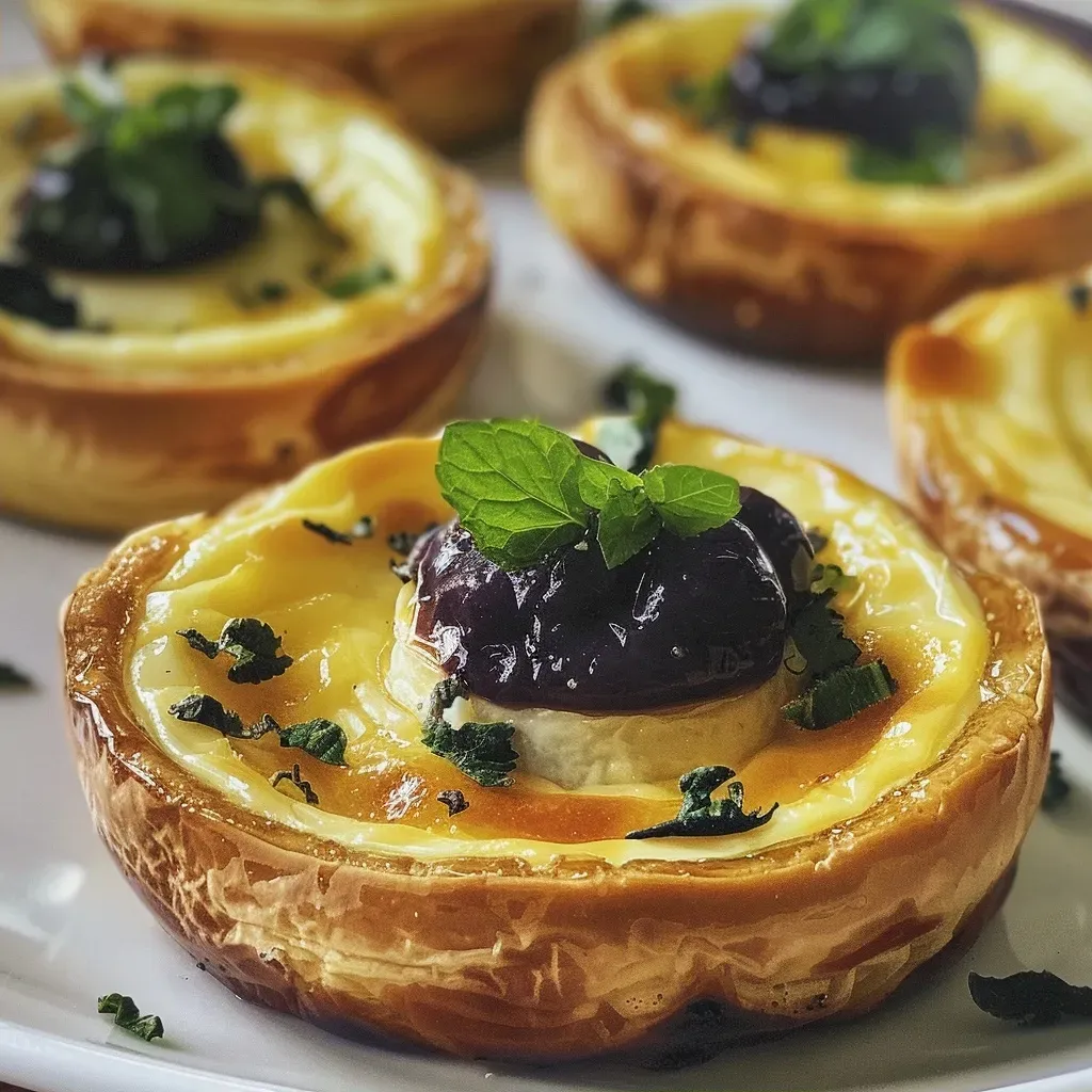 Close-up de uma miniquiche de alho-poró com crosta crocante.