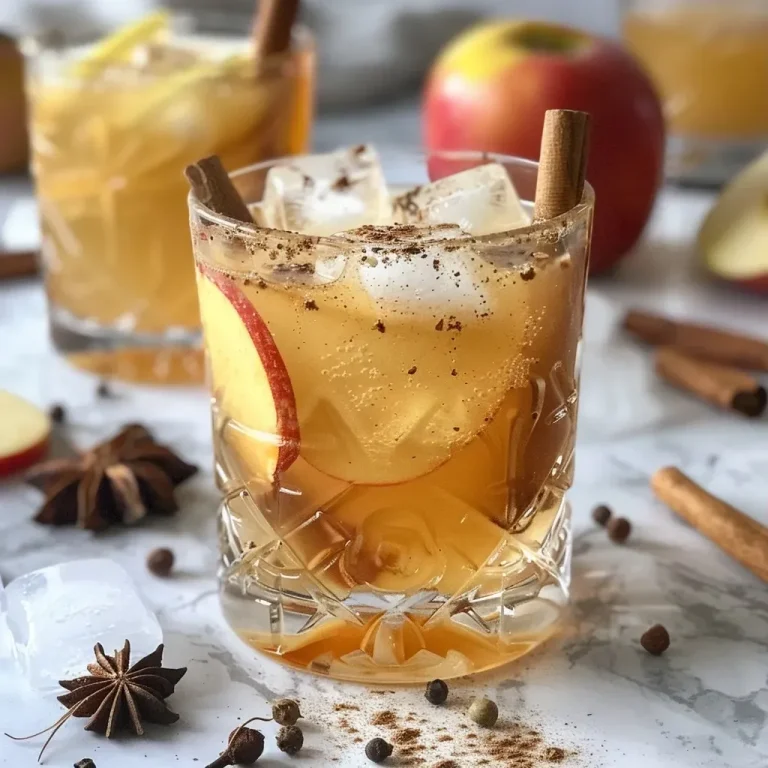 Refresque Seu Dia com um Delicioso Mocktail de Cidra de Maçã Mocktail de cidra de maçã com especiarias em um copo, decorado com canela e fatias de maçã.