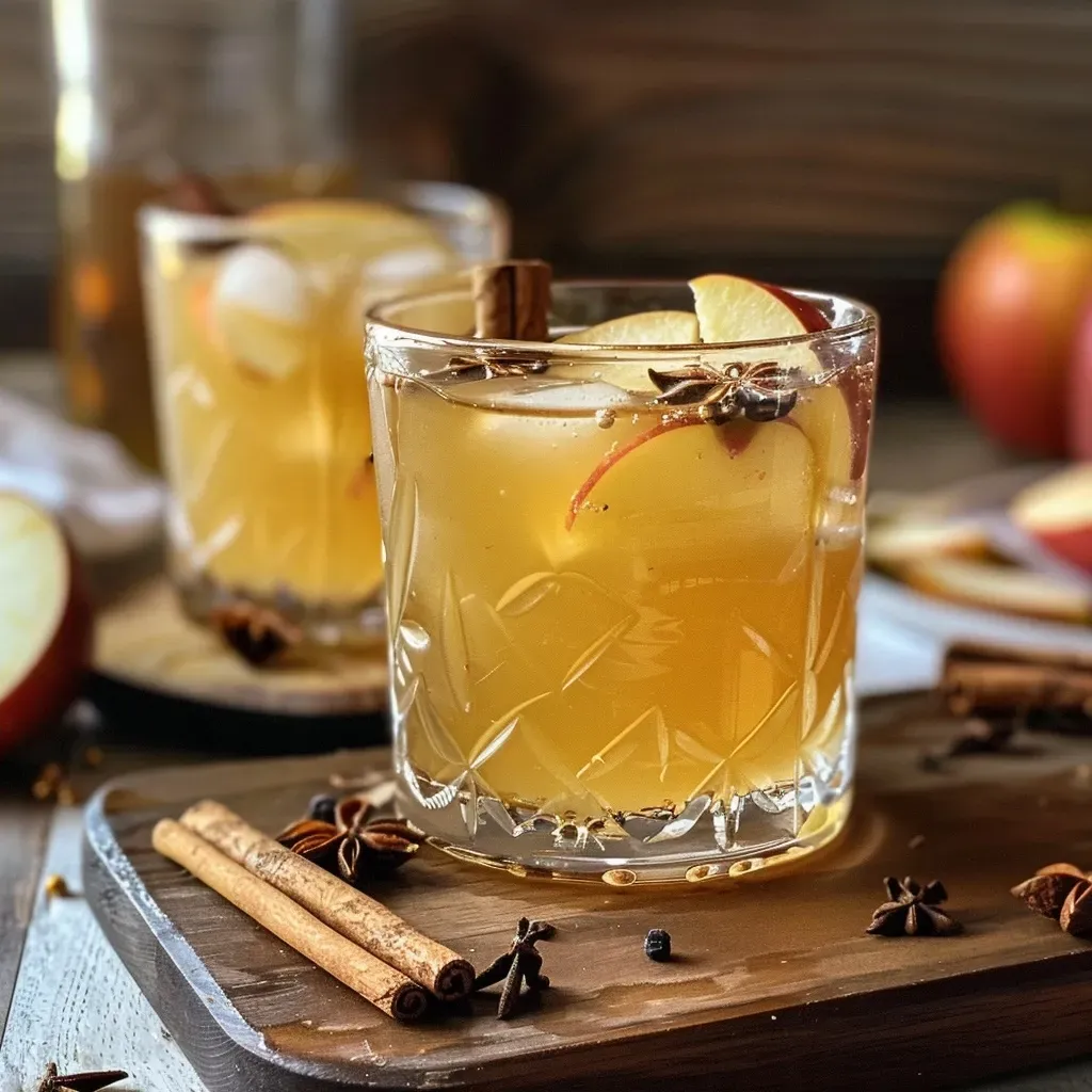 Copo de mocktail de cidra de maçã com especiarias, mostrando canela e fatias de maçã na borda.