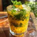 Close-up de um Mojito de Maracujá sem álcool com folhas de hortelã.