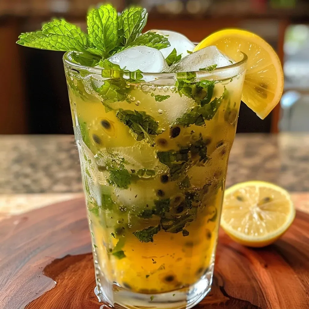Mojito de Maracujá sem álcool em um copo com gelo e limão.