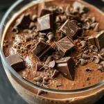 Mousse de chocolate cremoso em um prato, com granulado por cima.