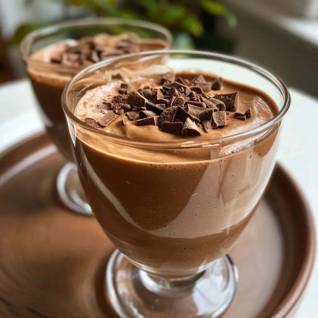 Porção de mousse de chocolate com textura suave e rica, decorada com granulado.