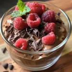 Mousse de chocolate proteica em um recipiente, com textura cremosa.
