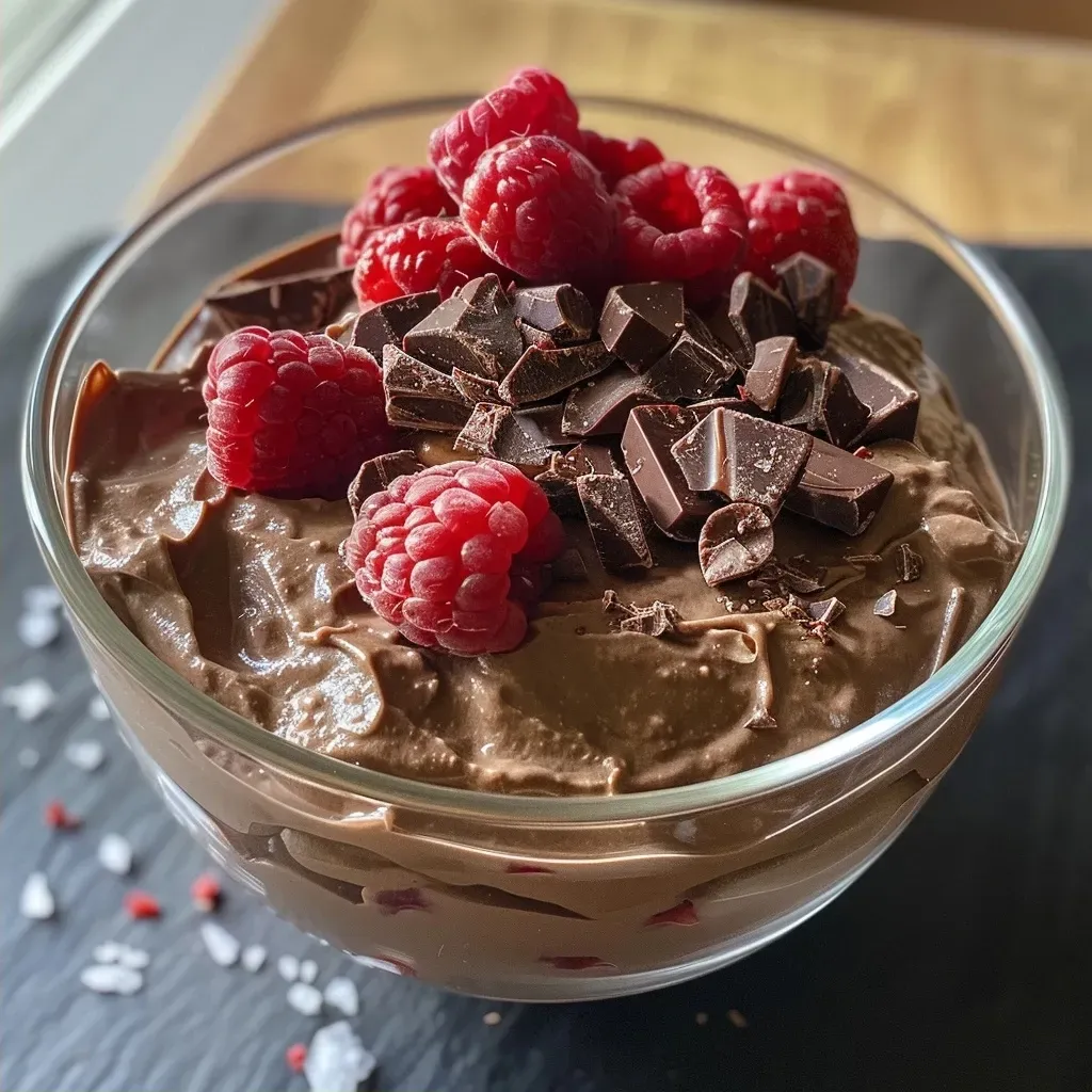 Close-up de mousse de chocolate feito com tofu e chocolate amargo.