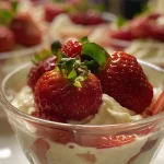 Mousse de iogurte grego com morangos em um recipiente.
