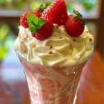 Mousse de morango com iogurte em taça, com camadas cremosas e decorada.