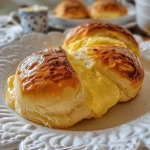 Pão doce recheado com creme, visto de lado.