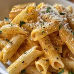 Close-up de um prato de pasta de abóbora com molho cremoso.