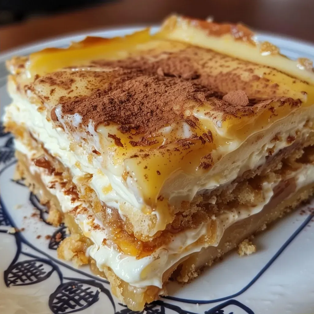 Close de um Pavê de Nozes com cobertura de doce de leite.