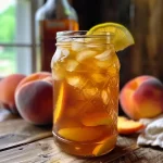 Copo de Peach Bourbon Arnold Palmer com fatias de pêssego.