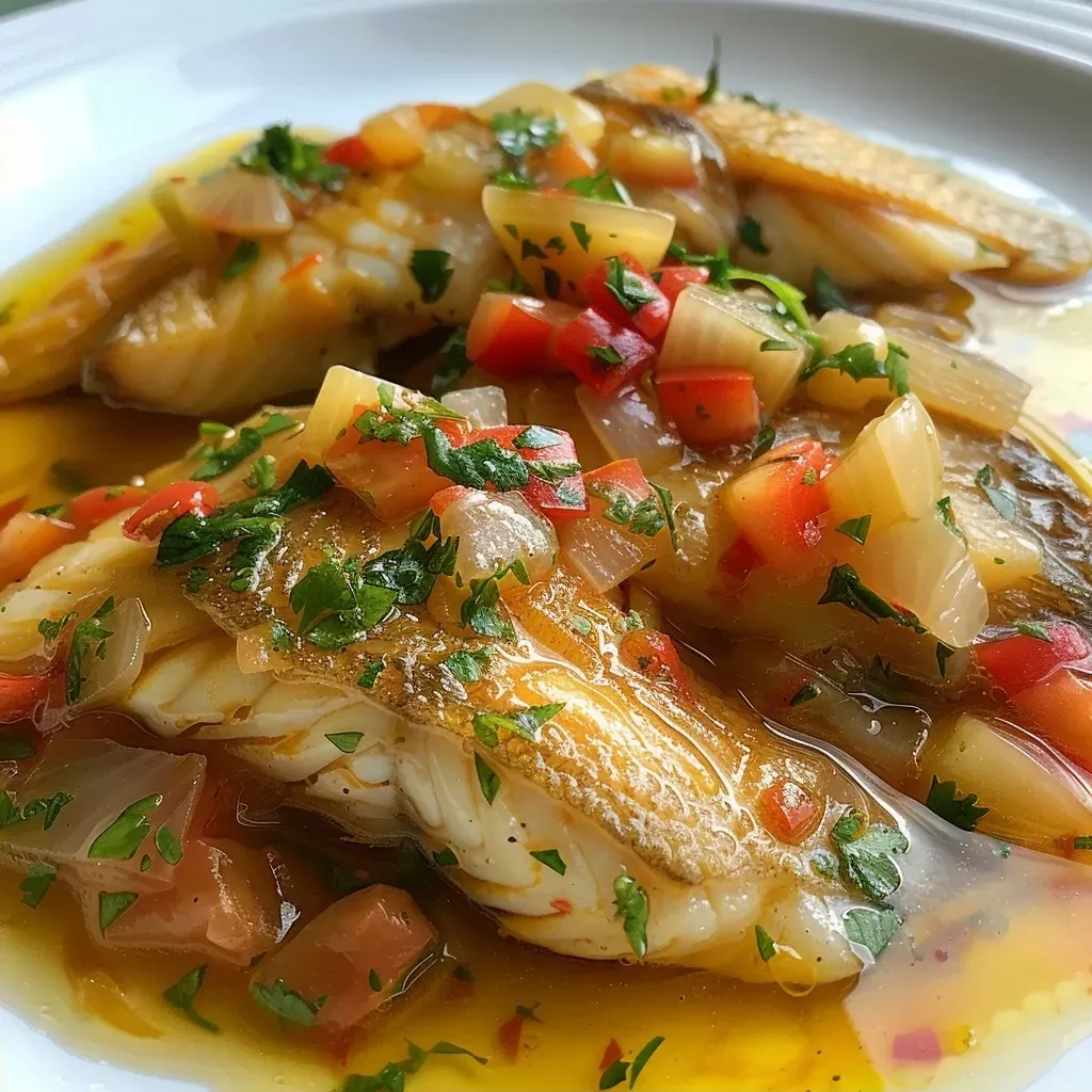 Close de Peixe à escabeche com cebola e tomate em uma travessa.