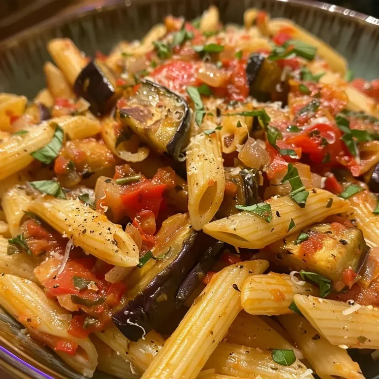 Prato de Penne Alla Norma com berinjela e molho de tomate.