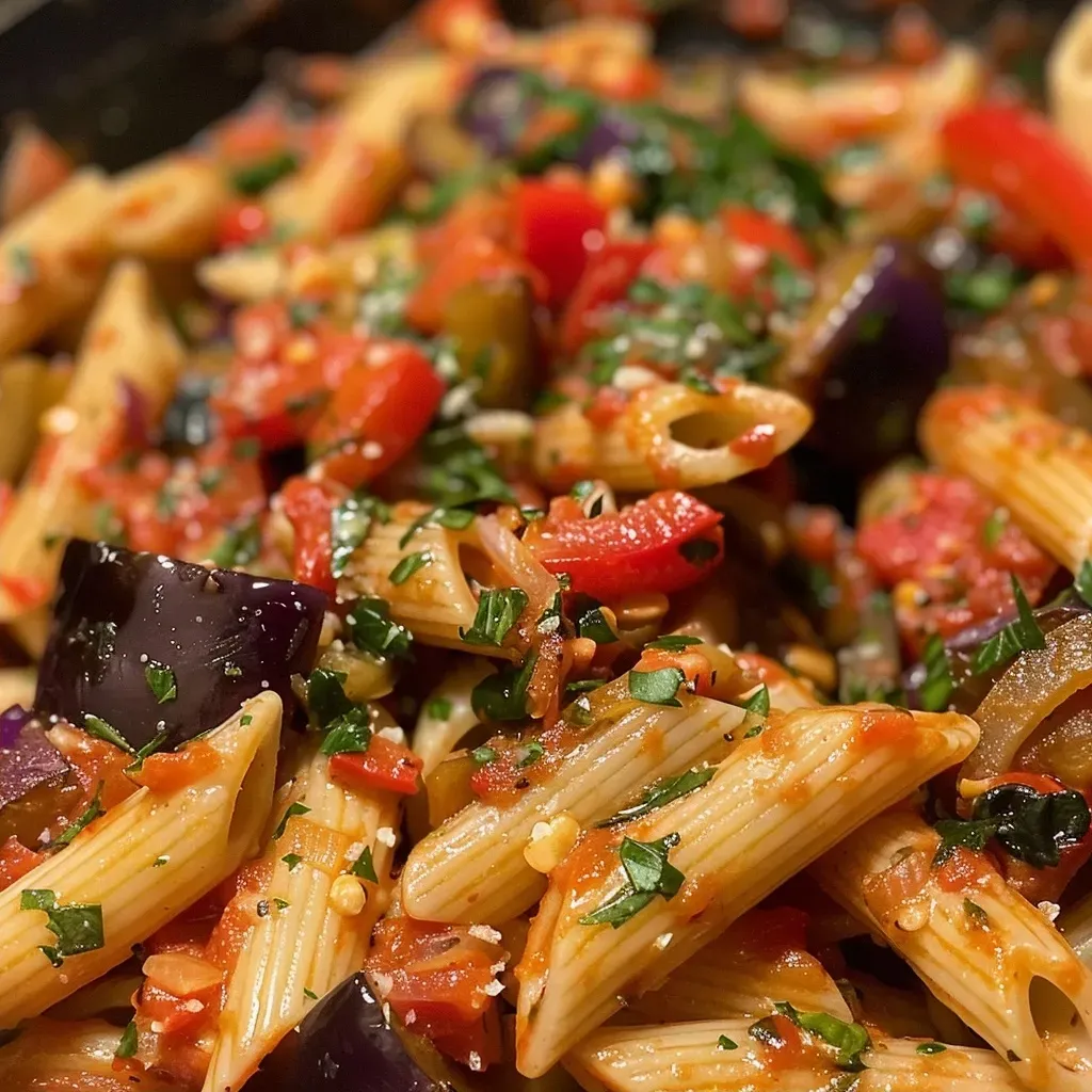 Close-up de Penne Alla Norma com ingredientes frescos ao fundo.
