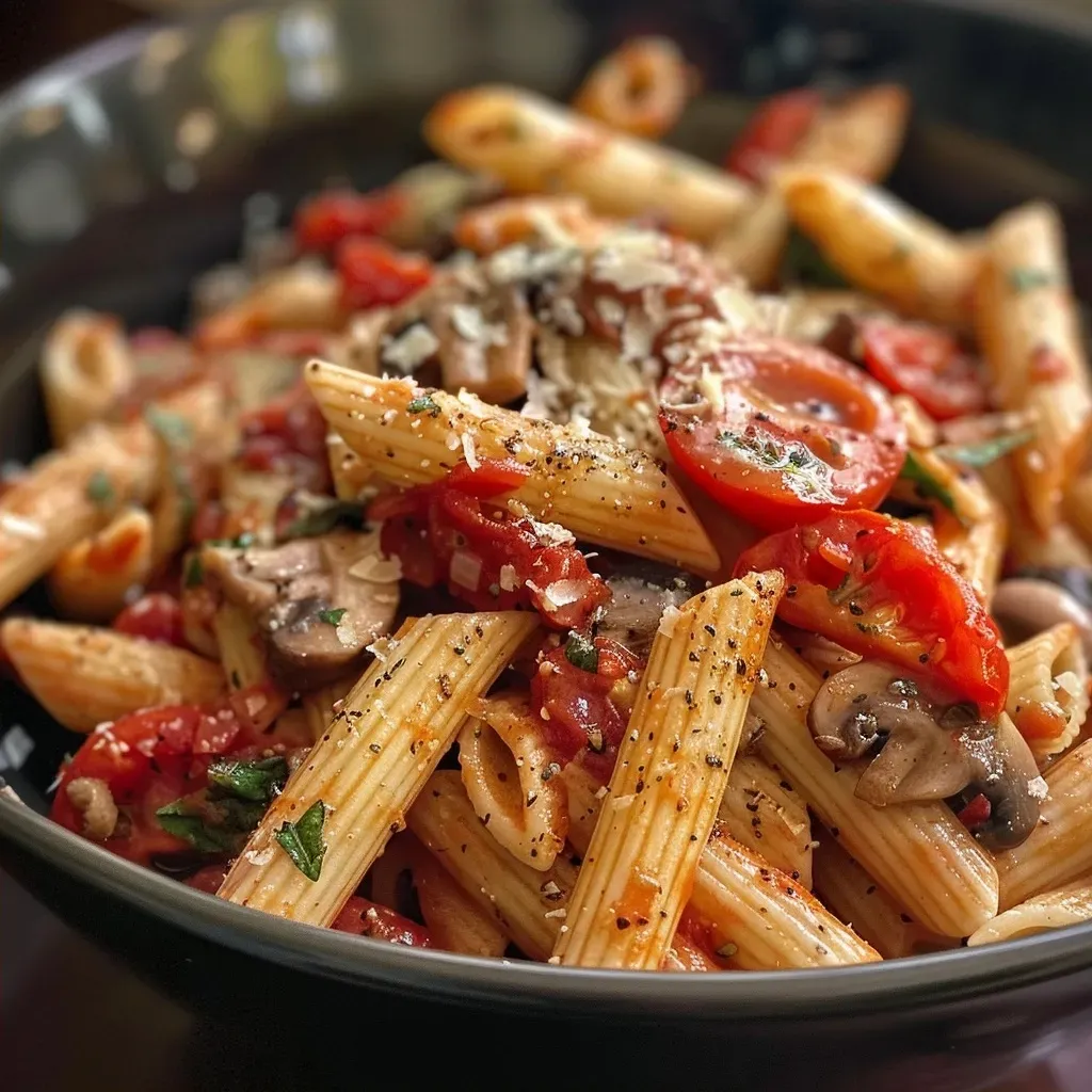 Prato de Penne Rosa com vegetais coloridos e queijo.