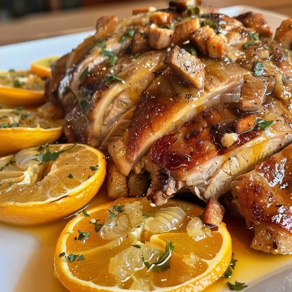 Close de pernil assado coberto com molho de laranja e alho.