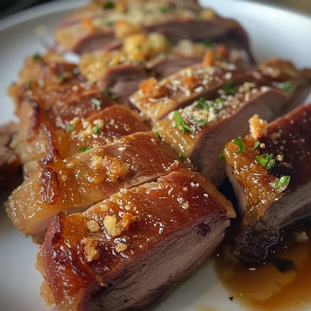 Picanha assada com molho aromático, vista lateral.