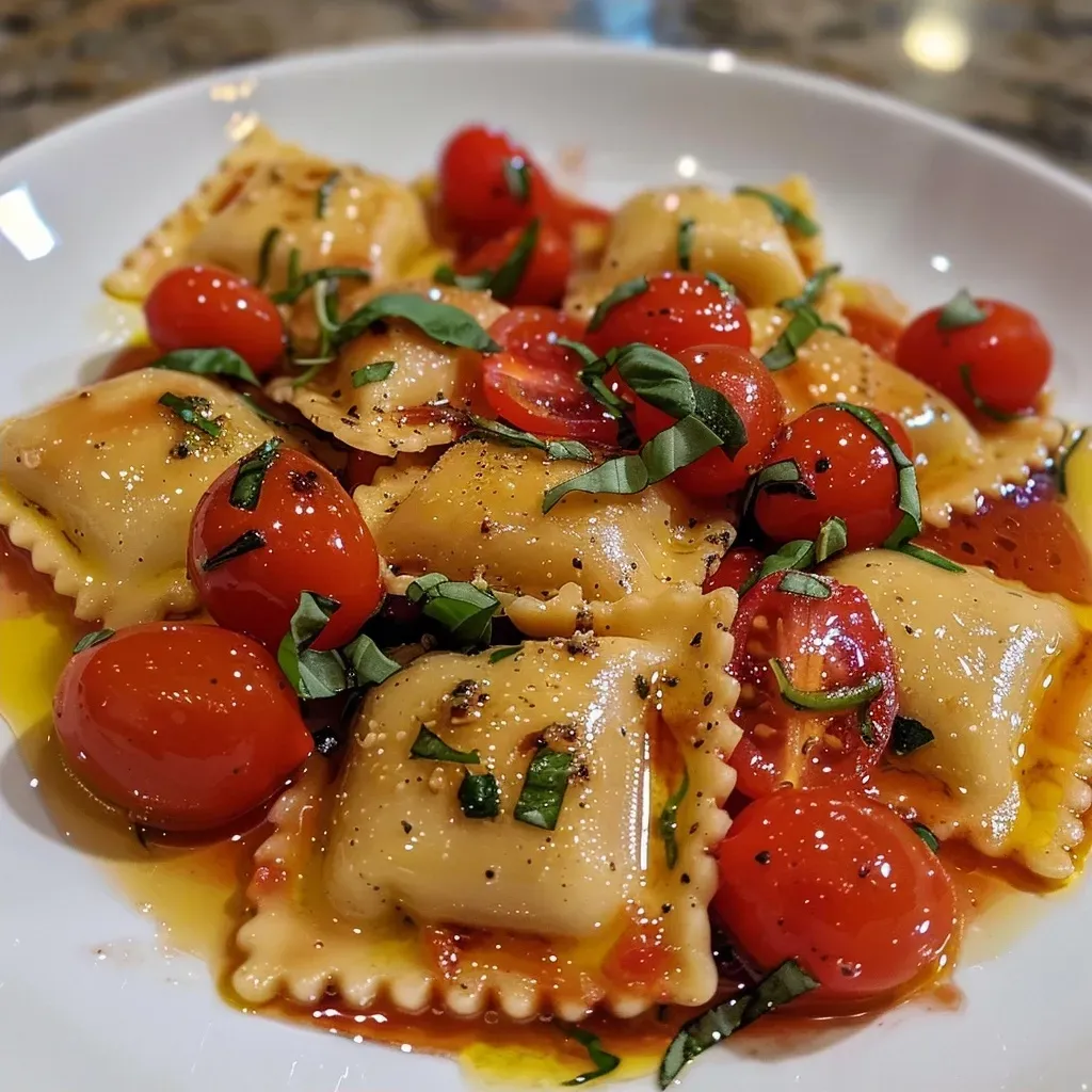Close-up de ravioli com molho de tomate fresco.