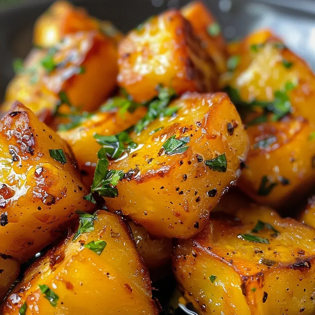Close-up de batatas bolinha sauté com manteiga.
