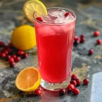 Limonada de cranberry em um copo, com gelo e fatias de limão.