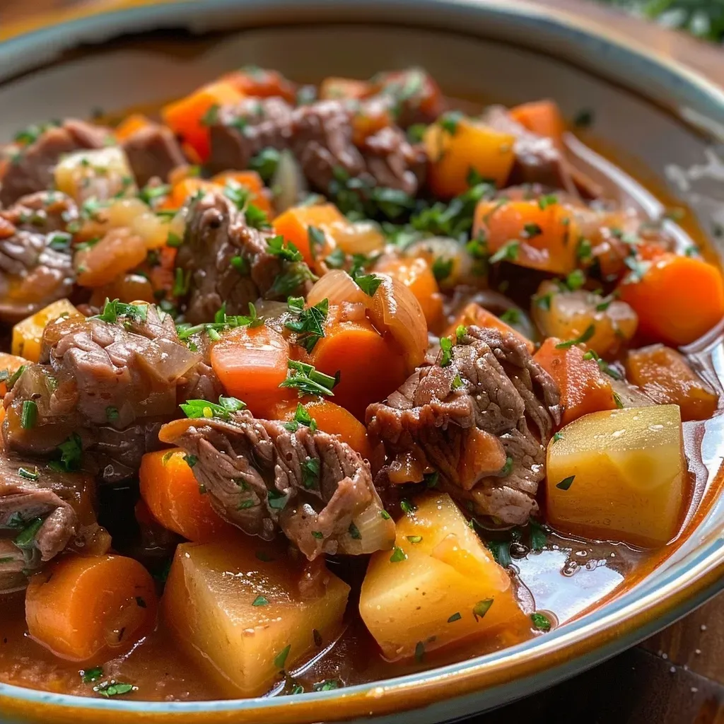Close de carne moída refogada com batatas, cenouras e abobrinha.