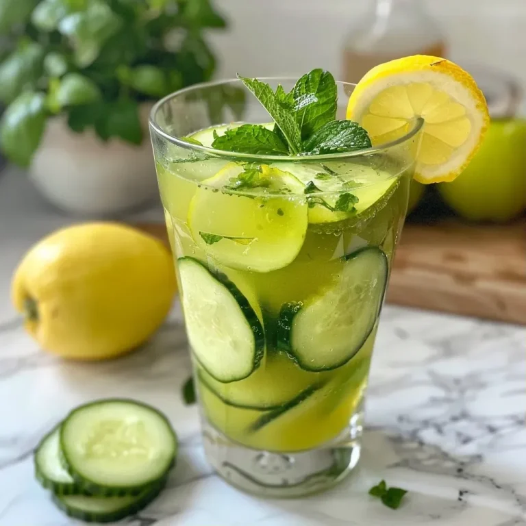 Refrescância e Sabor: A Combinação Perfeita de Maçã e Pepino com um Toque de Hortelã Bebida refrescante de maçã e pepino com folhas de hortelã.