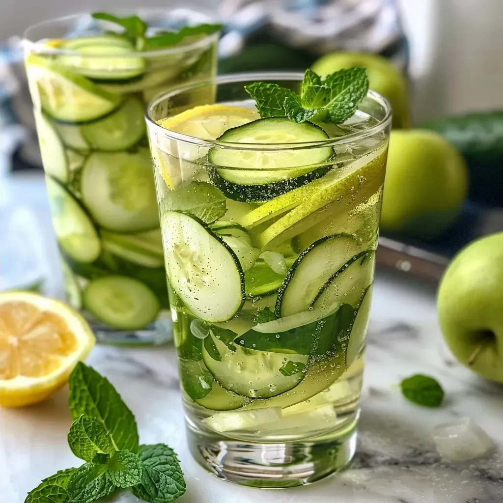 Close de um refresco verde de maçã e pepino.
