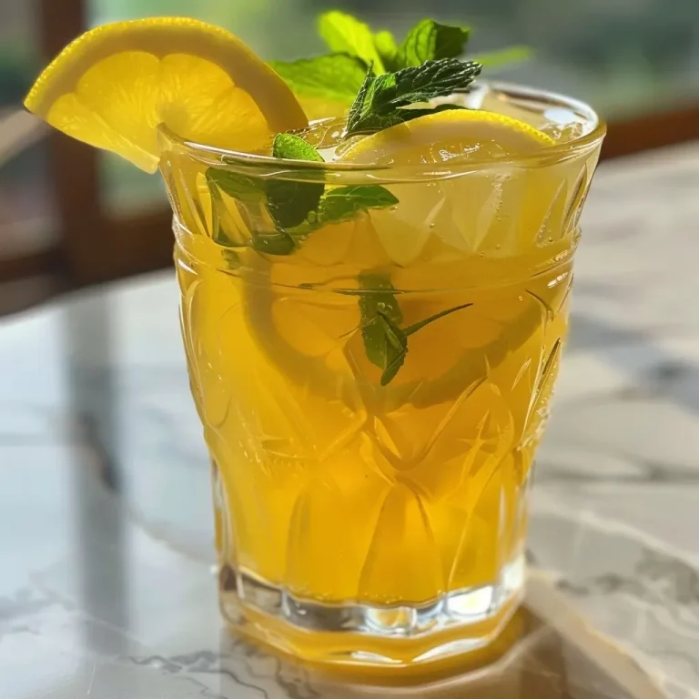 Refresco de cítricos com gengibre em um copo transparente.