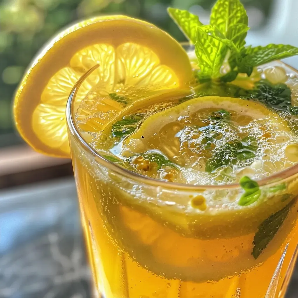 Close de uma bebida refrescante de limão e gengibre.