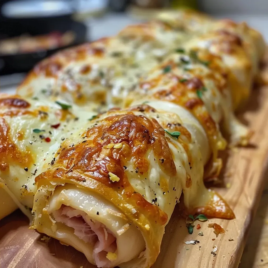Prato com rollitos de jamón e queijo, bem dourados e apetitosos.