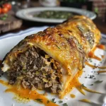 Rollo de Carne Relleno suculento, recheado com queijo e presunto.