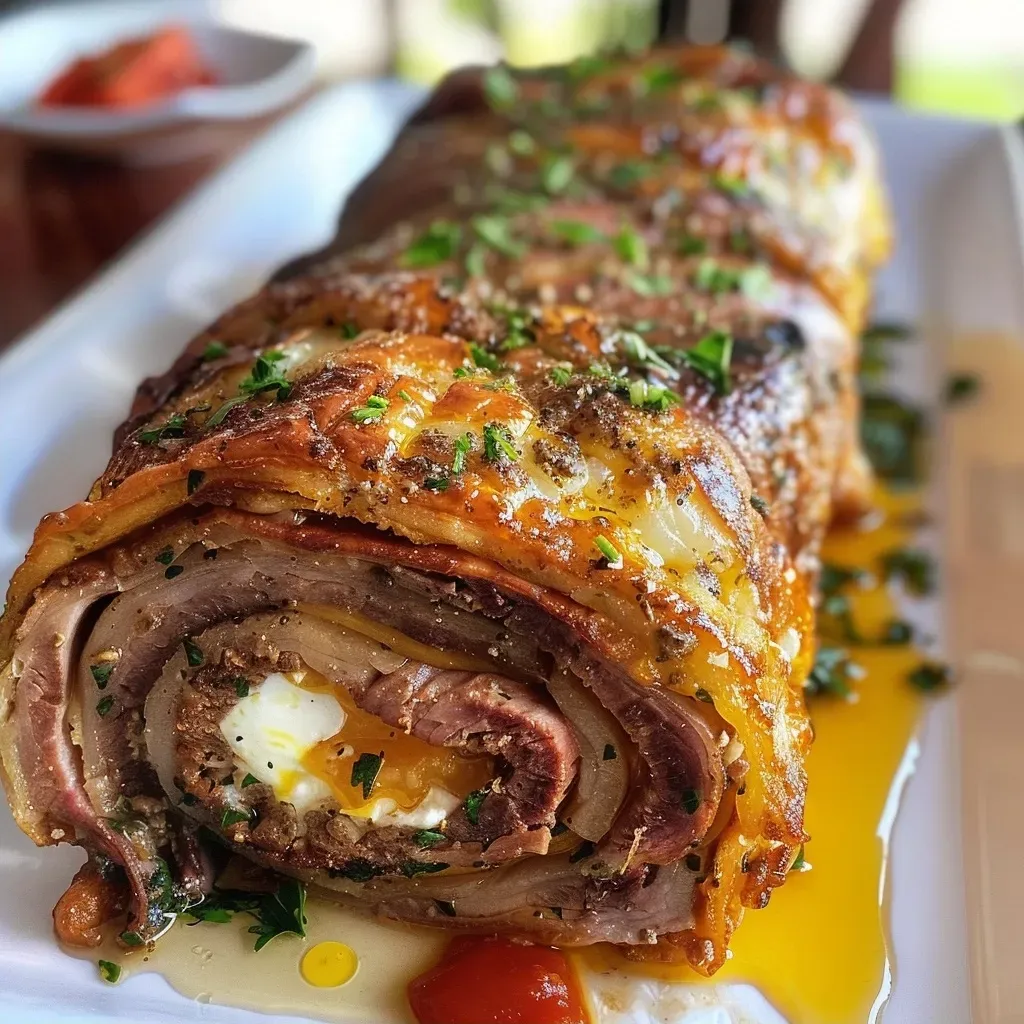 Close-up de Rollo de Carne Relleno, mostrando seu recheio saboroso.