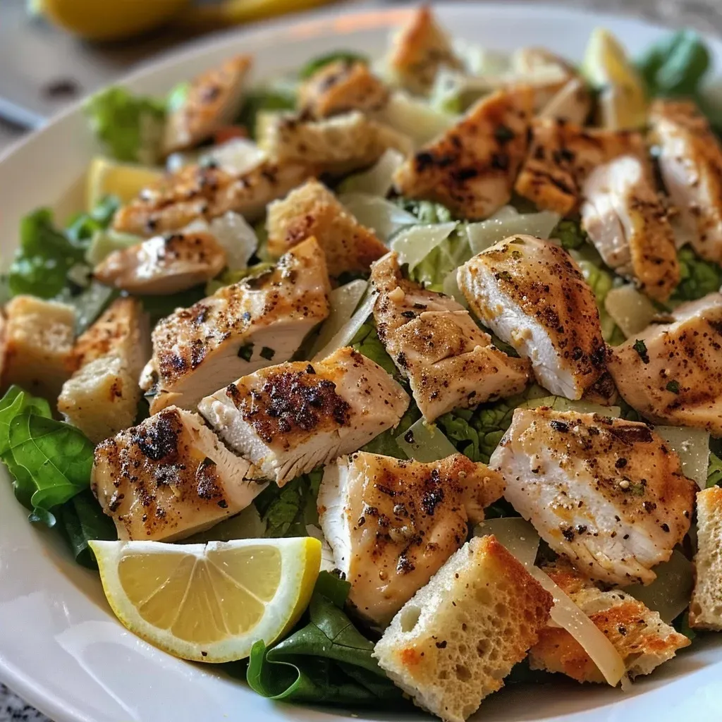 Prato de Salada Caesar de Frango Grelhado com legumes frescos.