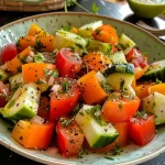 Close-up de uma salada colorida com manga e vegetais frescos.