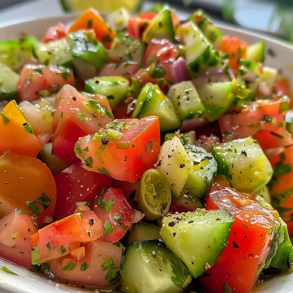 Salada com manga, pepino e tomate, mostrando cores vibrantes.