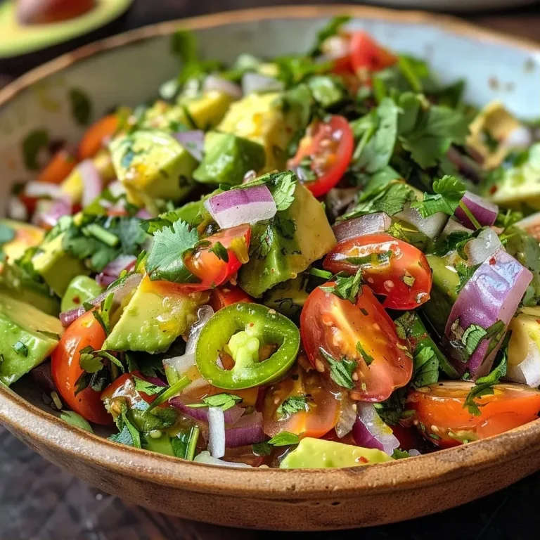 Salada de abacate colorida com tomates e cebola roxa.
