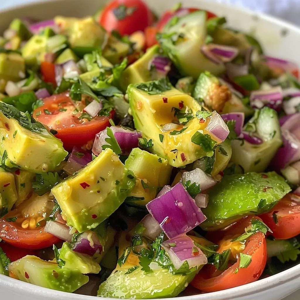 Close-up de uma salada de abacate com ingredientes frescos.