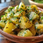 Salada de batata com maionese verde em prato.
