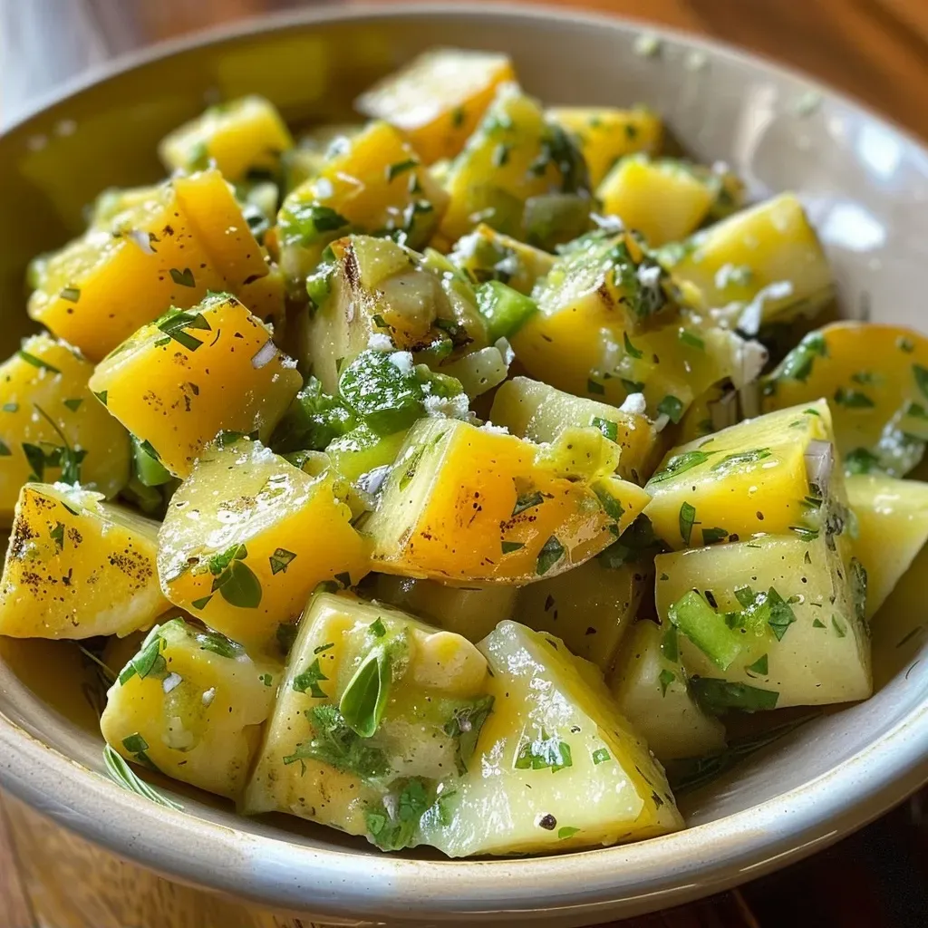 Close-up de salada de batata com molho de maionese verde.