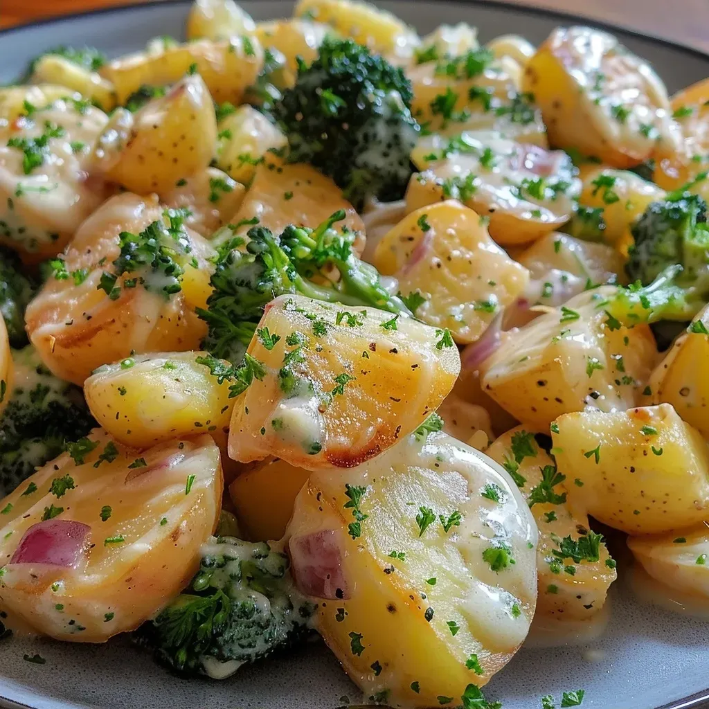 Close-up de salada de batatas com ingredientes frescos.