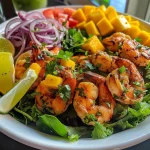 Salada de camarão e manga com folhas verdes.