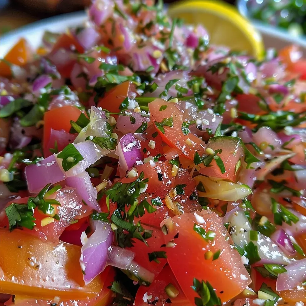Close de uma salada com grão-de-bico, atum e legumes frescos.