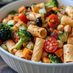 Salada de macarrão proteica colorida com legumes frescos.