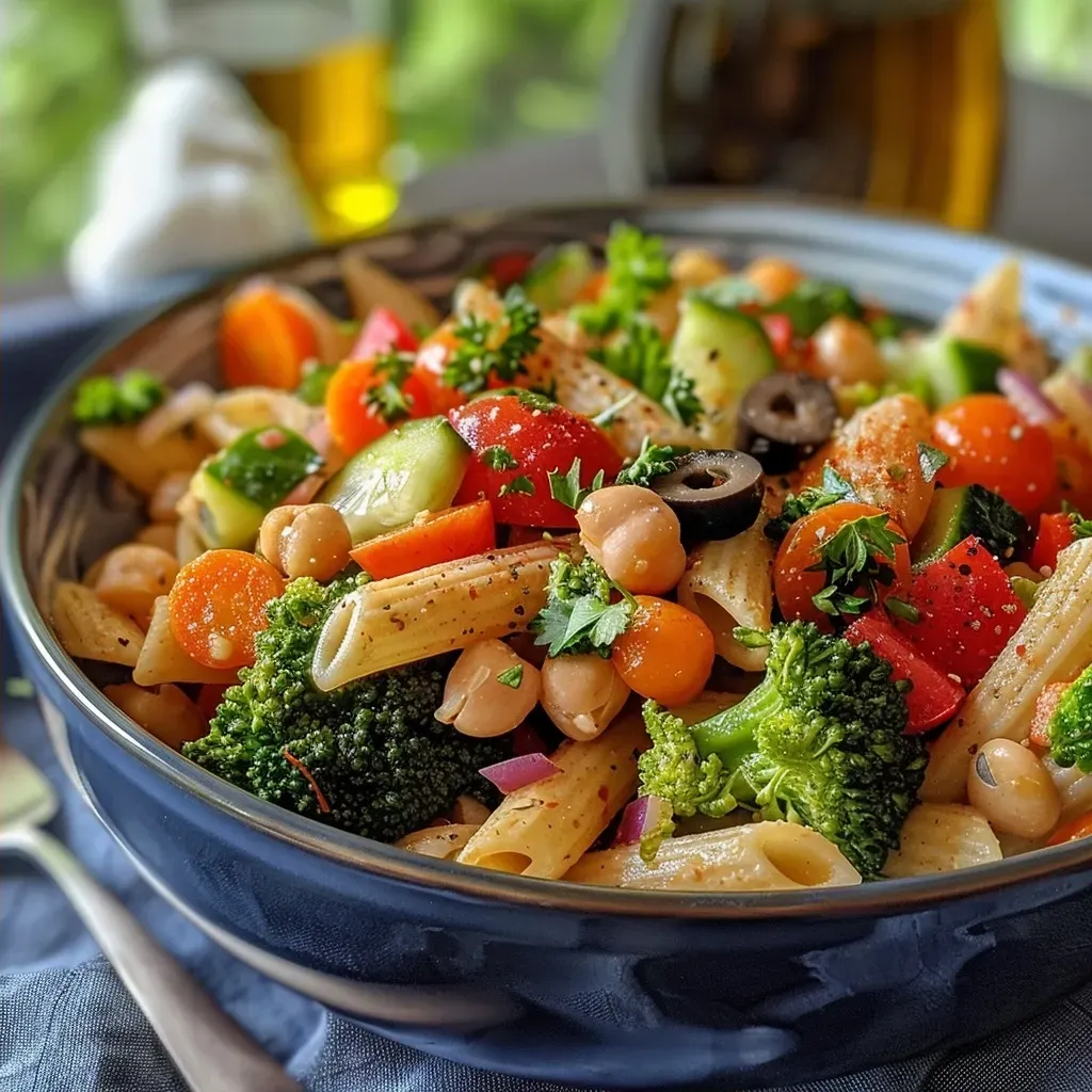 Close-up de uma salada de macarrão rica em proteínas com tomate e brócolis.