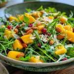 Salada de rúcula com pedaços de manga, amêndoas e queijo parmesão.