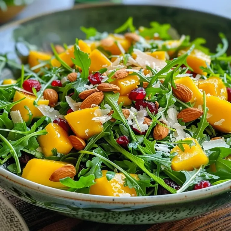 Salada de Rúcula com Manga: Um Toque de Frescor para Seu Dia Salada de rúcula com pedaços de manga, amêndoas e queijo parmesão.