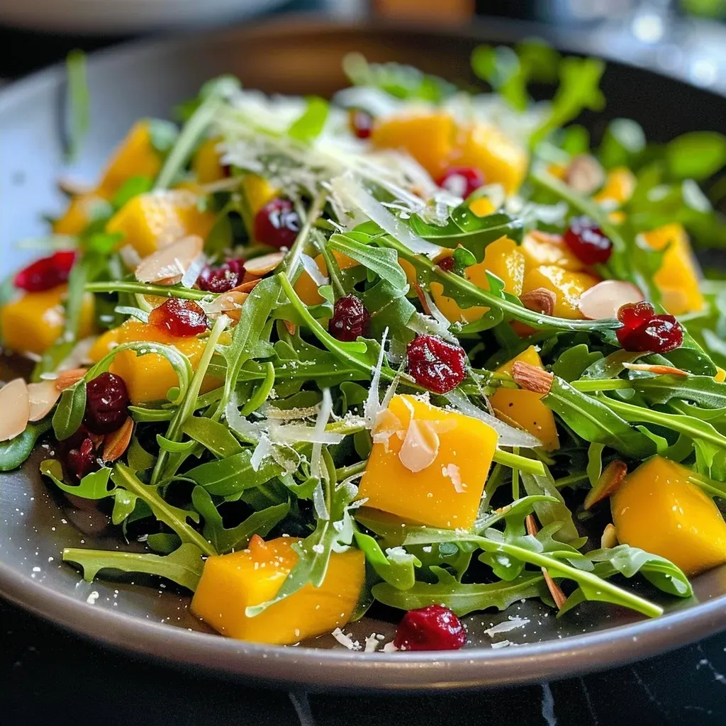 Close de uma salada colorida de rúcula e manga com ingredientes adicionais.