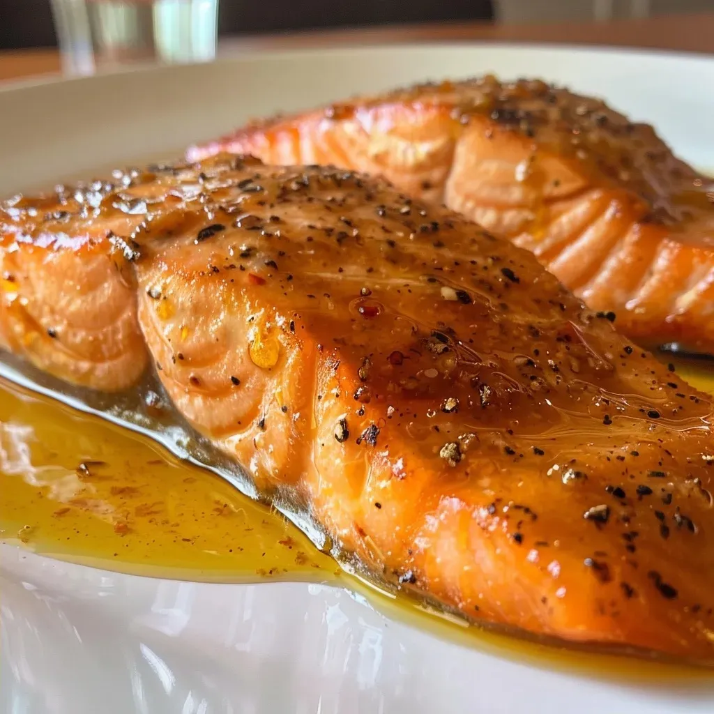 Filés de salmão com um molho brilhante de mel e mostarda.